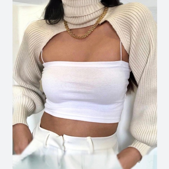 crop cream/beige ribbed turtleneck sweater - Picture 2 of 3